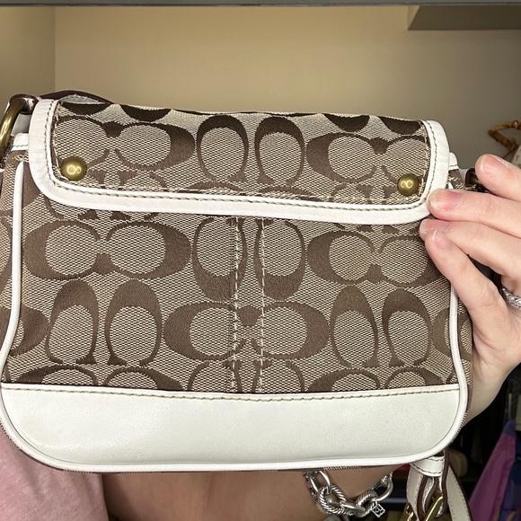 Coach Signature Turnlock Flap Crossbody Bag Khaki Brown White Trim Y2K 2007 - Picture 10 of 12
